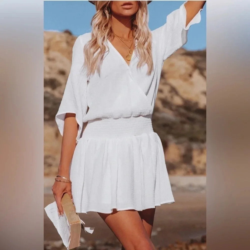 MIOU MUSE white mini flare gauze dress,NWT , cotton, faux wrap top part,boho